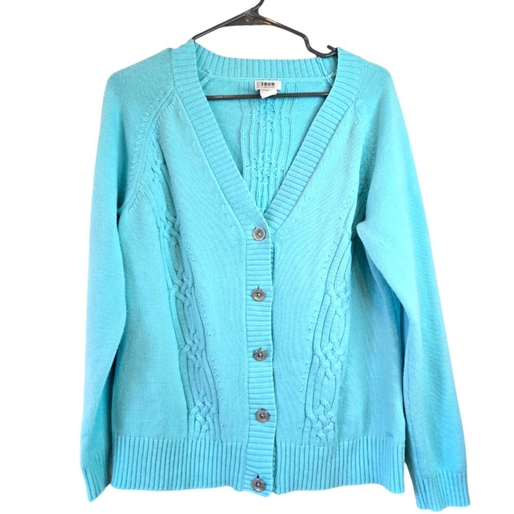 IZOD Cotton Blend Cardigan Blue Button-Up Women's Sweater Size Large